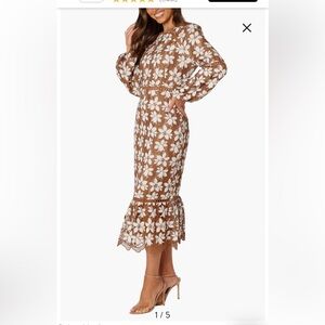 Petal & Pup Brown and White Floral Long Sleeve Dress- mermaid hem